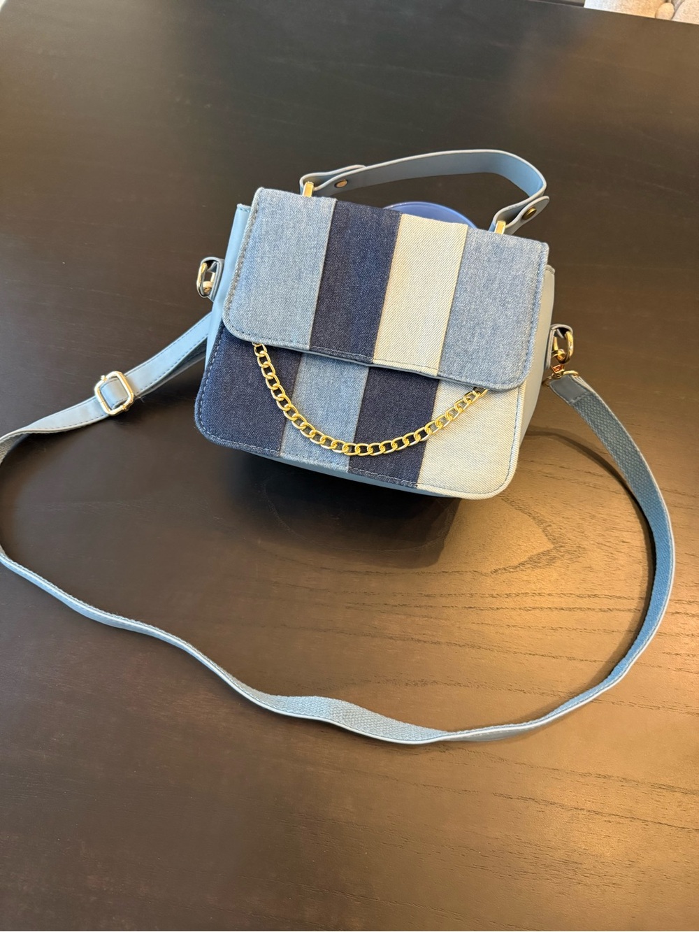 Patchwork Denim Crossbody Bag Blue Gold Chain Purse